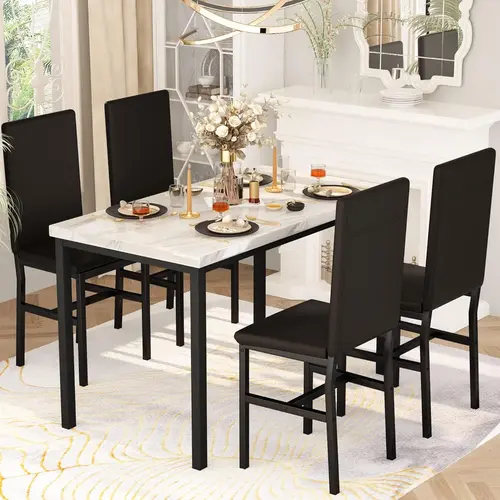 Recaceik 5-Piece Space-Saver Indoor Dining Set for 4 - White Faux Marble Top Table, Ergonomic PU Leather High Backrest Chairs, MDF & Stone, 35.83" H x 15.3" W x 14.57" D, Assembly Required, Fire Safety Label for Apartments