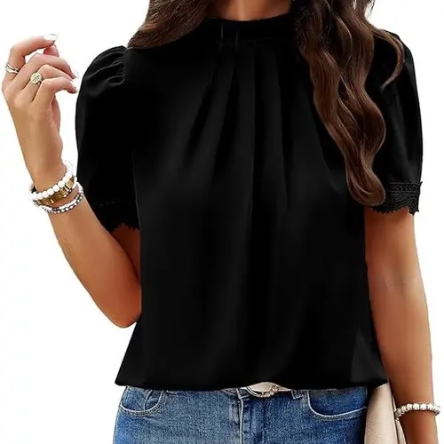 BTFBM Women's Dressy Casual Blouses with Lace Trim Short Sleeves for Business Work and Office - Womenswear