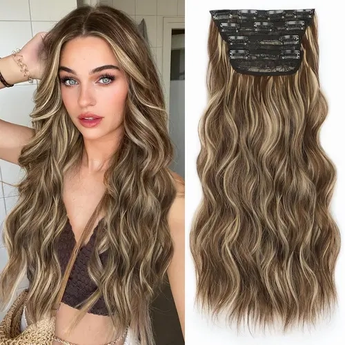 NAYASA Women's Clip-In Hair Extensions - 4PCS 20 in Fiber Synthetic Curls, Thick Volume Pieces for Ponytail Hairstyles, Natural Curly Synthetic Extensions for Adults