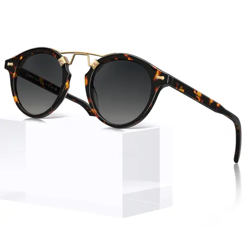 CARFIA Women's Italian Acetate Full-Rim Tortoiseshell Polarized Round Sunglasses for Women - UV Protection, Retro Glossy Animal Print, Metal Wire Core, Elastic Legs, Shatterproof Lens, Stylish Accessories, for Small Faces, Driving, 2026 Summer Beach