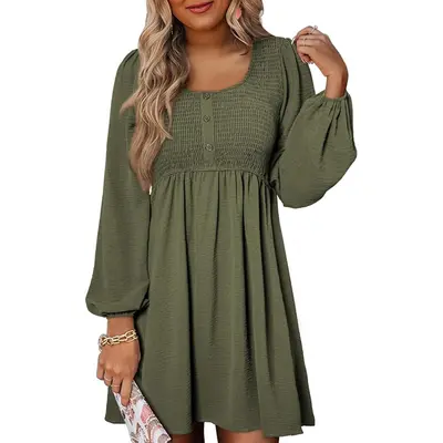 Dokotoo Womens 2026 Casual Dress Smocked Crewneck Button Up Long Sleeve Empire Waist A-Line Mini Dress