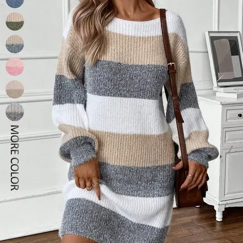 Women's Chic Colorblock Striped Bodycon Fitted Long Sleeve Sweater Dress for Fall & Winter, Daily Wear for Parties & Dates