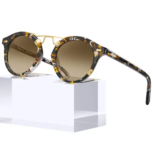CARFIA Women's Polarized UV Protective Sunglasses - Retro Round Double-Bridge Tortoiseshell Acetate Frames, Shatterproof Glare-Free Lenses, High Quality Eyewear, Casual Outdoor Sunglasses, Female Stylish Daily Accessory, Gifts for Women