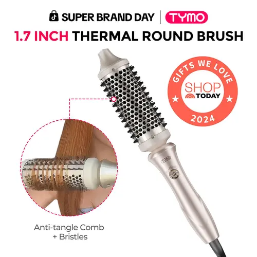 TYMO INFRARED STYLUX Thermal Blowout Round Brush, Infrared Red Light Technology for Less Frizz & More Shine, 1.7" Ionic Hot Brush, Salon Blowout Styling, Anti-Tangle Comb, 3 Heat Settings, Dual Voltage for All Hair Types