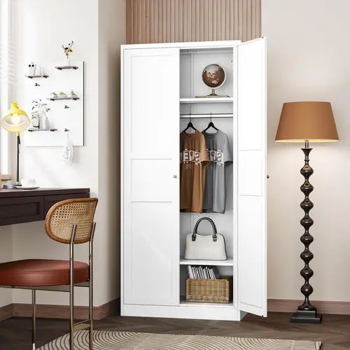 Letaya 72" Heavy-Duty Steel Wardrobe Storage Armoire - White Wall-Mountable Metal Cabinet with Adjustable Shelves, Hanging Rod, Magnetic Lock, High-Cube, Adaptive Panel, Pre-Assembled for Bedroom/Closet Organization (Large Interior), Pre-Drilled Holes Sim