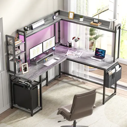 Modern Reversible L-Shaped Office Computer Desk - Multi-Functional Wood Computer Table with Metal Frame, Power Outlets, LED Gaming Features, Monitor Stand, Full Hutch Storage Shelves, Easy Assembly for Home Office Dual Monitor Setup, Small Space Furniture