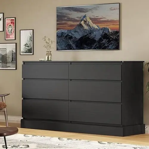 Sikaic 6 Drawers Double Dresser, 51.5''W Wooden Storage Chest of 6 Drawers, Large Capacity Clothing Storage Cabinet, Wide Black Dresser for Bedroom, Home Furniture Christmas Gifts cozy home familyfun [TikTokShopblackfriday]