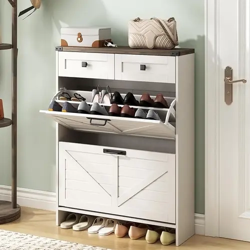 Vabches Farmhouse Slim Wood Shoe Storage Cabinet - 4-Drawer Sorting (2 Flip, 2 Storage), Freestanding with Legs, Cozy High-Quality Entryway Organizer [TikTok Shop Back to School]