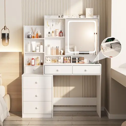 [Summergarden] Vabches Modern Makeup Vanity Desk - Makeup Storage Desk with 6 Drawers & Shelves, Built-in Power Strip, 3-Color Adjustable Lighting, Bedroom Accessories