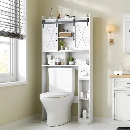 Vabches Over The Toilet Storage Cabinet, Bathroom Storage Cabinet with Double Sliding Barn Doors, Side Storage Compartment, Toilet Paper Holder , Open Display Shelves and Adjustable Shelf for Small Bathroom, White