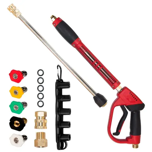 Hourleey High Pressure Washer Gun (gun-40, 15-in Gun), 40-in M22 14mm Female Fittings, 5 Nozzle Spray Options (Different Angles for Nozzles), 15-in & 16-in Extension Wands, 5000 PSI Quick Connector Safety Trigger, Power Tools Compatible for Car Washing