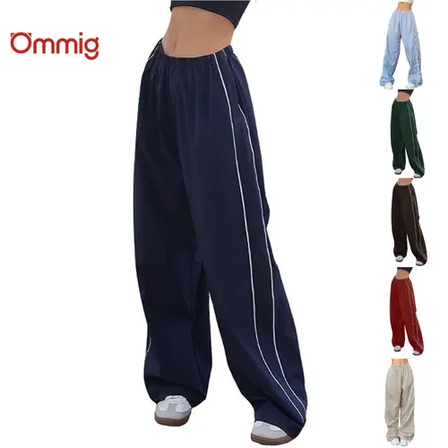 Ommig Women's Parachute Wideleg Pants Baggy Y2K Elastic Waist Wide Leg Track Pants Trousers Casual,summerwins