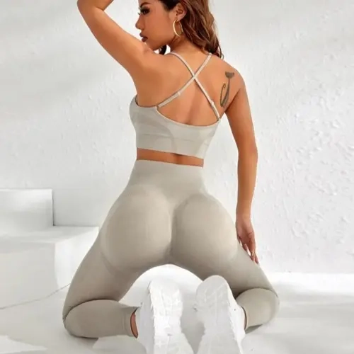 Two-piece Set Women's Solid Criss Cross Backless Crop Tank Top & High Waist Leggings Tracksuit Set, High Stretch Activewear, Breathable Outfits for Yoga Running, Fitness Sportswear Set for All Seasons, Stretchy Sports Outfit