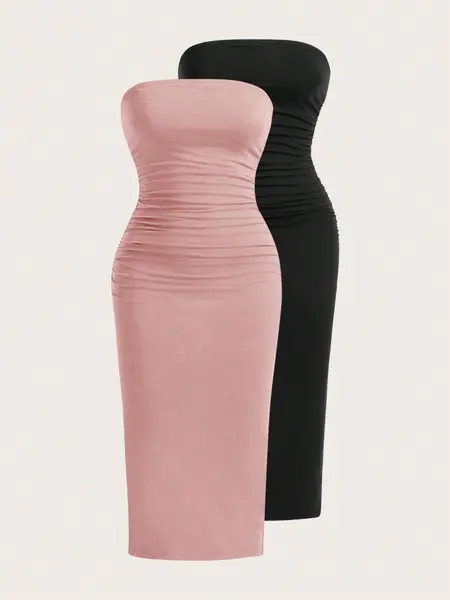 Women's Solid Ruched Split Hem Tube Dress, Minimalist Elegant Casual Chic Sleeveless Strapless Long Dress for Summer, Ladies Clothes for Daily Wear, Womenswear, Formal Dresses Women, Elegant Fit Dress, Bodycon Stretch Dresses, Elegant Classy Flattering