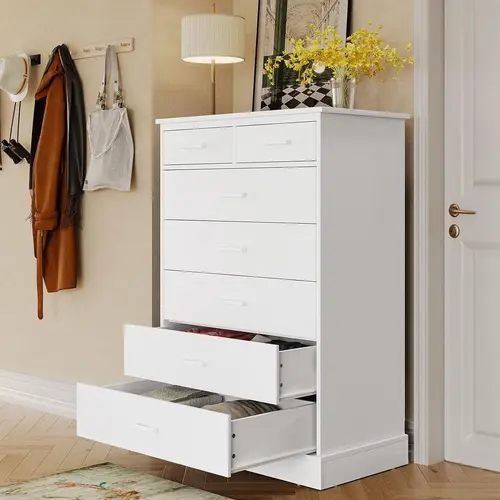 Sikaic 7-Drawer Bedroom Dresser with Sliding Door, Engineered Wood Storage Chest with Sturdy Base, Compartment Storage for Clothing, Modern Bedroom Organizer