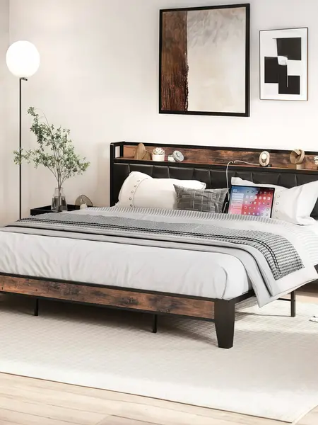 Summer Vibes LIKIMIO Bed Frame, Storage Headboard with Charging Station, Solid and Stable, Noise Free, No Box Spring Needed, Easy Assembly Transitional Platform Bed Sturdy Platform Bed