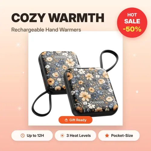 Ocoopa Artist-Collaboration UT5 Nano Rechargeable Hand Warmers 2-Pack, 0.59" Ultra Slim Pocket, UL Certified, 3-Setting Electric, Durable Lanyard-Equipped, Exclusive Floral Designs, Christmas Stocking Stuffers, Birthday Gifts for Outdoor Camping, Stocking