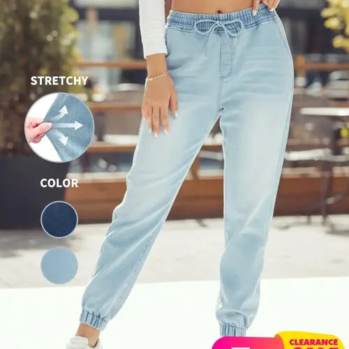Women's Plain Light Wash Adjustable Drawstring Waist Loose Fit Baggy Jeans, Stretch Trouser Jeans, Casual Elastic Waist Pocket Trousers for Fall & Winter, Women's Bottoms for Daily Wear