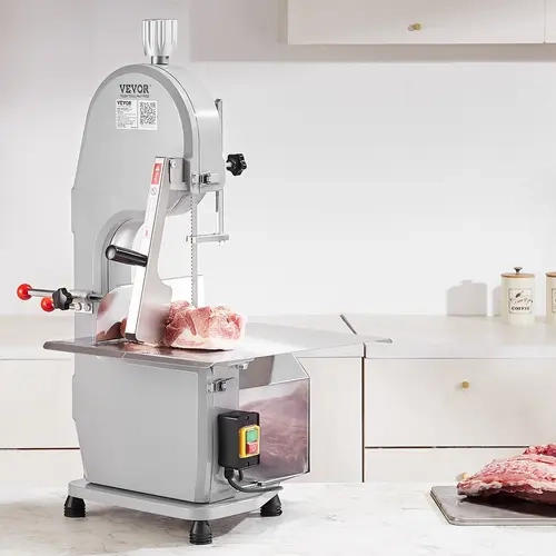 VEVOR 1500W Power Sturdy Commercial Electric Meat Bandsaw, 19.3"x15" Workbench, 0.16-7.9" Adjustable Thickness, Accurate Scale-Line, 6 Blades for Frozen Meat, Bone Cutter for Restaurants