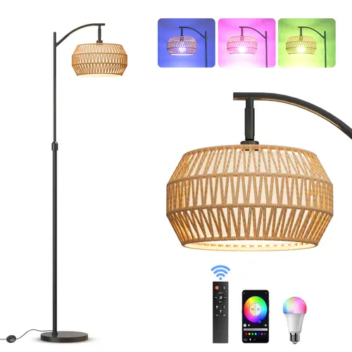 VALLERICO Bohemia Arched Rattan Arc Floor Lamp with Adjustable LEDs, RGB Multicolored Light, 3-Color Temp, Dimmable Modes, Fabric Shade, Book Lights, Foot Switch, Remote Control, AC Power Supply, Parenting-Friendly for Living Room Work,Black Friday