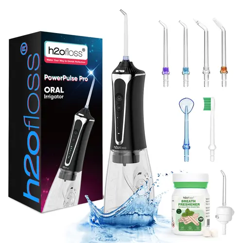 h2ofloss Water Dental Flosser TikTokShopBlackFriday- 300ML Watertank & Whitening Tablet lPX7Waterproof Plus 5 Modes,Cordless Oral lrrigator P11-Black