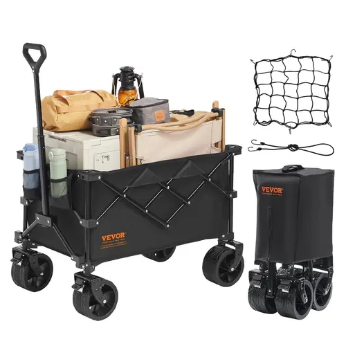 VEVOR Iron Folding Trolley Wagon Cart, 330 lbs Max Load, 220 L Capacity, All-Terrain Tires, Waterproof 600D Fabric, Adjustable 0-90° Handle, 360° Smooth Steer, Powder-Coated Locking Design, Drink Holders, Compact Pack, Heavy-Duty for Camping, Beach Hauls