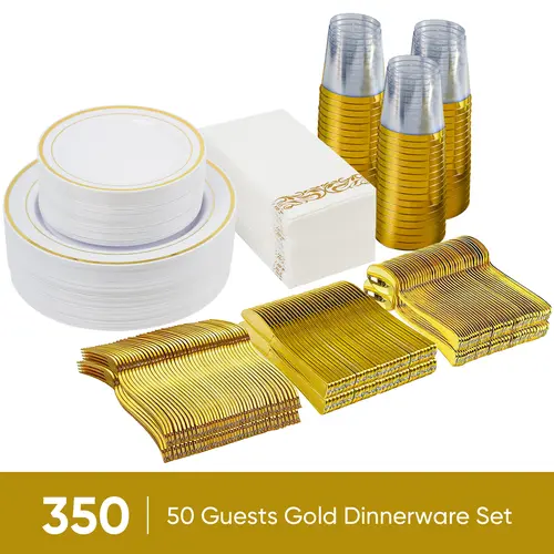 Kerilyn 350/700 Pcs Plastic Plates Disposable Silverware and cups, Disposable Party Plates for 50 Guests, Include: 100 Plastic Plates, 50 Pre Rolled Napkins with Gold Silverware, 50 Cups