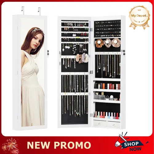MyDepot Lockable Jewelry Armoire with Mirror - Modern Space-Saving Cabinet Storage, 6 LED Lights, Door/Wall-Hanging Mount, MDF Wood, 2 Drawers, 4 Shelves, Large-Capacity Organizer, 3 AAA Batteries, Assembly Required, Regular Door Compatibility