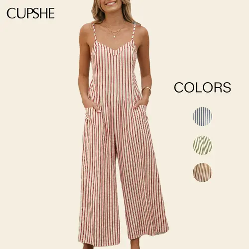 CUPSHE Women's Striped V-Neck Sleeveless Stylish Jumpsuit - Wide Leg Sleeveless Strap Overalls, Vertical Stripes Pattern Overalls, Coastal Grandma Beach Cover Up & Casual Wear,summeroutfits,vacationoutfits,bathingsuitwomenset,beachoutfits