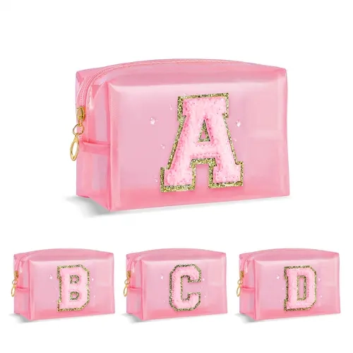 Women's Cute Transparent Vanity Bag - 17cm*7cm*10cm Waterproof Chenille Letter Print Metal Zipper Compact Design Make-Up Bag, Durable Fast-Opening Zip, Airport-Style Storage for Vanity Organization, International Travel