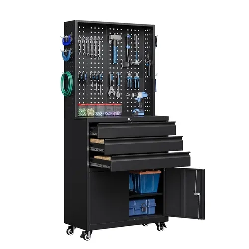 Letaya Lockable Tool Storage Cabinet - 71-in Heavy-Duty Steel Durable Commercial Garage Furniture with 3 Key-Lock Drawers, Rolling Wheels with Locks, 120lb-per-Shelf Adjustable Racks & Shelves, 4 Removable Hooks, Non-Toxic Bottom Cabinet