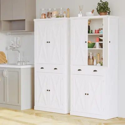IRONCK Farmhouse Storage Cabinet - 72.6" H Freestanding Modern Sideboard, Floor-Based Classic Double Barn Door Tall Cupboard with Drawer, 4 Adjustable Shelves, Easy-Setup Compartment for Dining, Living Rooms