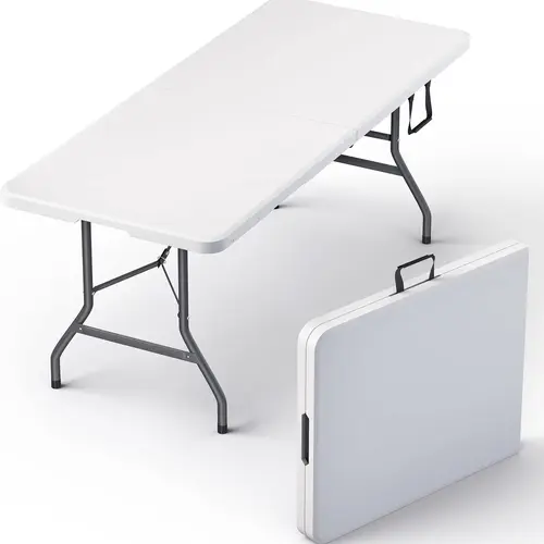 6-Foot Classic Folding Table - Heavy Duty Steel-Plastic Construction, Stainless Steel Legs, Lock-Leg Stability, Built-in Handle, Portable, High Weight Capacity, Folding Tables for Garden Party, Storage, Indoor-Outdoor Furniture