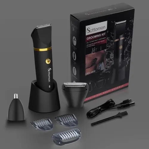 Scttomon Men's 3-in-1 Cordless Battery-Powered Trimmer Machine - 3-Head Body Trim, Stainless Steel Blade, Ergonomic, IPX7 Waterproof, Hypoallergenic, Pain-Free Wet/Dry Hair Removal, Built-In Batteries, Mens Gifts