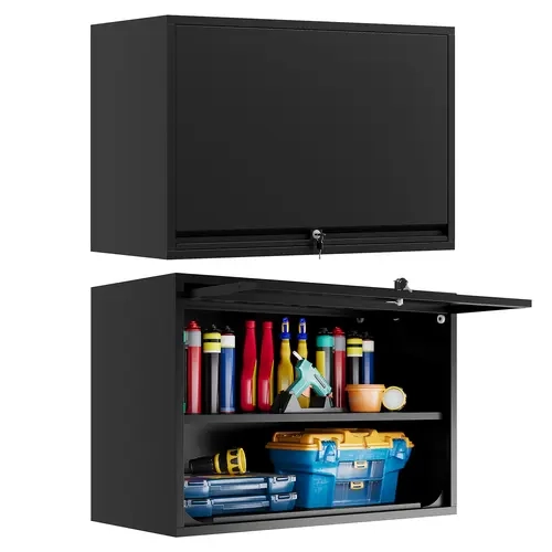 Letaya Wall-Mounted Floating Garage Cabinet - Metallic Locking Sliding Door, Adjustable Shelves Fit Gear, 31.5x15.7x21.6", 120lb Capacity, Child-Safe Lock, Rust & Scratch Resistant, Upper Space Utilizer for Garage Organization