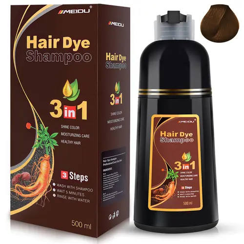MEIDU 3-in-1 Alcohol-Free Semi Permanent Brown Hair Dye Shampoo Bottle (500ml, 36 Months Shelf Life) - No Bleach Herbal Haircare with Ginseng Extract, Covering Grey Hair, Natural Coloring for Female Adults, Easy Apply & Rinse