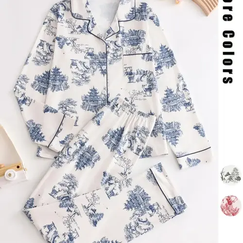 Two-Piece Set Women's All Over Print Button Front Pocket Lapel Shirt & Elastic Waist Pants Pyjama, Casual Comfy Long Sleeve Top & Trousers PJ Set, Women's Sleepwear for Spring & Fall