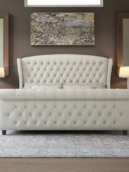 [Summerwins][Only Bed Frame]VanAcc Platform Bed Frame, Velvet Upholstered Sleigh Bed with Scroll Wingback Headboard & Footboard/Button Tufted/No Box Spring Required/Easy Assembly