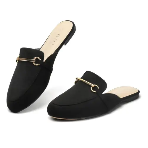 MUSSHOE Women’s Basic Casual Slip-On Mules Shoes - Beige Suede-Look Closed-Toe Footwear with Gold Horsebit, Backless Flats, Slip-On Closure, Quick Fit for Desk-Dinner Occasions