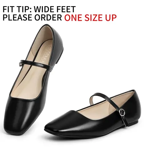 MUSSHOE Women's Classic Mary Jane Shoes - No Heel, Square-Toe, Adjustable Strap, Lightweight Rubber Ballet Flats, Easy to Put On for Business & Casual Wear