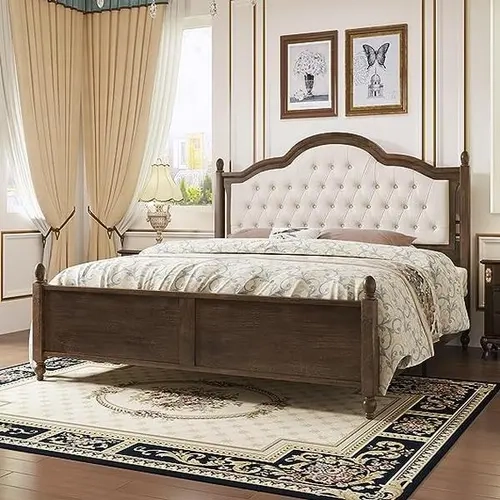VanAcc Wood Bed Frame with Upholstered Headboard, Solid Wood Platform Bed with Linen Tufted, No Box Spring Needed, Easy Assembly, Walnut #TikTokShopFallDealsForYou
