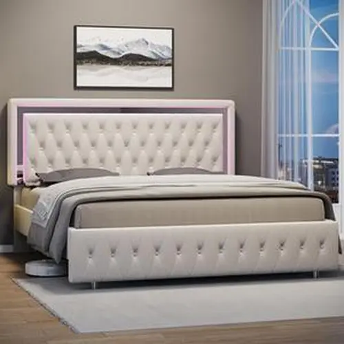 【Bed Frame Only】VanAcc LED Bed Frame with Led Lights Adjustable Headboard Velvet Button Tufted/Acrylic Mirror Accents, No Box Spring Needed/Christmas Gift #TikTokShopFallDealsForYou