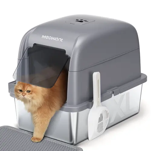 Meowant LB02 Stainless Steel Covered Litter Box - Extra-Large 3-in-1 Detachable Enclosure, 20L/81L Options, 30-day Litter Use, 24x16x18 Inches, High Sides, Odor Control, Non-Stick, Scratch-Resistant, Rust-Free Tray for Clay/Bentonite/Saponite Pet Lovers