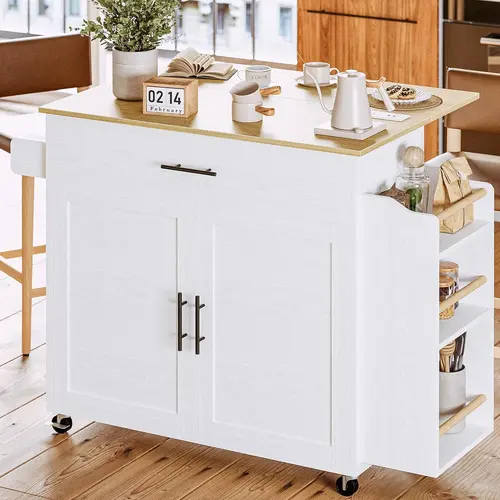 IRONCK Durable Modern Rolling Kitchen Island Cart with Drop Leaf, Wheels, 3 Open Spice Shelves, Adjustable Cabinet, Drawer, Basic MDF Wood Farmhouse Cupboard (127kg Load), Easy to Move, Assembly Required for Dining Room, Hallway Food Storage