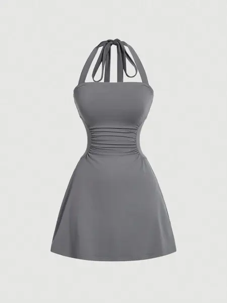 Women's Plain Ruched Tie Back Halter Neck Dress, Casual Chic Sleeveless A Line Short Dress for Summer, Ladies Clothes for Daily Wear, Casual Elegant Dresses, Casual Dress Style, Womenswear Garment