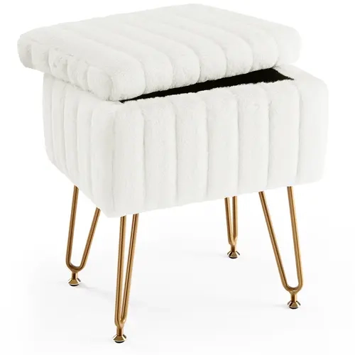 MyDepot Multifunctional Backless Armless Vanity Stool - Faux Fur Soft Padded, 10L Storage, 4 Metal Legs, Anti-Slip Adjustable Feet, 18.9in H x 16in L x 12.2in W, 200 lbs Capacity, Grey, Assembly Required, Modern Indoor Ottoman for Bedroom,Bathroom