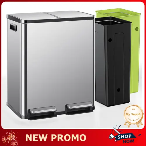 MyDepot 16gal Dual-Chamber Rectangle Stainless Steel Bin - Pedal Open, Lid, Fingerprint-Resistant Finish, 19x14.8x26.5in - Home Goods Trash Can for Kitchen, Waste & Recycling Storage for Bathrooms/Offices