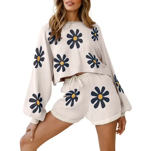 Ekouaer Women's 2-Piece Rayon Knit Floral Daisy Lounge Set - Crop Top (Round Neck, Drop Shoulder, Batwing/Puff/Long Sleeves), High Waist Above-the-Knee Shorts, Ribbed Breathable Loose Fit, Plus Sizes Nightwear, Gift for Wife, Party Loungewear