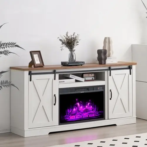 VanAcc Farmhouse Fireplace TV Stand with Sliding Barn Door for TVs up to 73", with Storage Cabinets/Adjustable Shelves/Christmas Gift