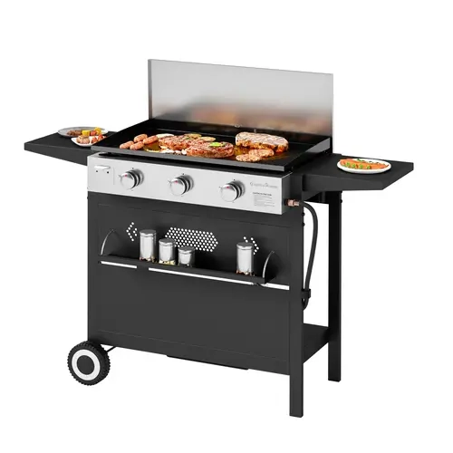 Captiva Designs 27 Inch Flat Top Grill with Ceramic Coated Cast Iron Pan, 3-Burner Propane Gas, Nonstick Design, Stainless Steel Barbecue Home Food Kitchenware